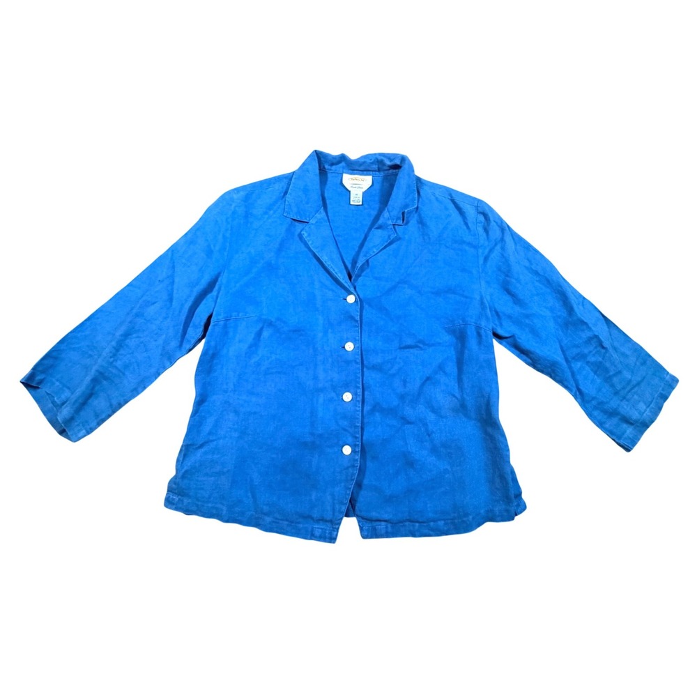 Natural Fibers Boho Minimalist Vintage Irish Linen Blue Button Front Top Womens